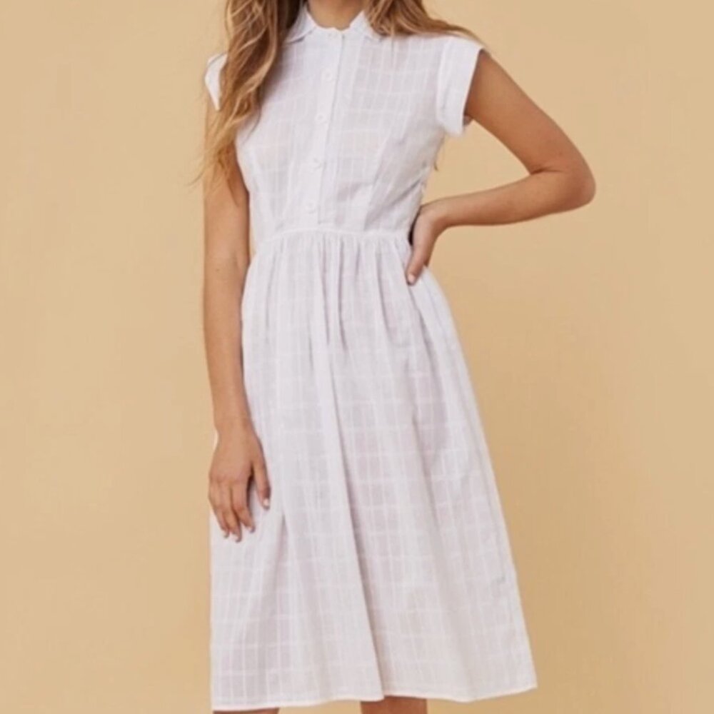 Christy Dawn Piper Dress White Button Front Collared Roll Sleeve Midi Size XS